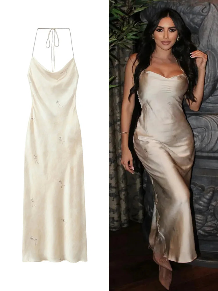 Women's Floral Printed Backless Dress Satin Sexy Long Dating Party Evening Dresses Temperament Elegant Women's Dresses