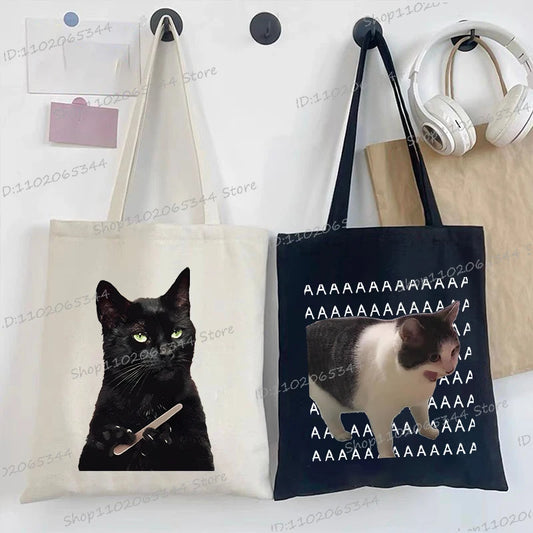 Women's Handbags Meme Cat Funny Canvas Shopping Bags Cartoon Animal Shoulder Bag Folding Reusable Tote Bags For Women Men
