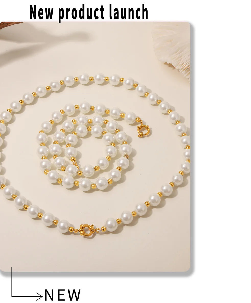 Necklace for Women No Fade Clavicle Chain 12mm White Shell Beaded Stainless Steel Charm Female Jewelry Gift