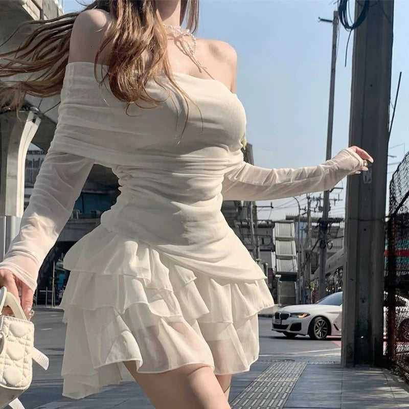 Skirts Sets Women Summer Slim Solid Irregular Skew Collar Ladies Long Sleeve T Shirt Fashion Chic Sweet Ruffles Ball Gown New