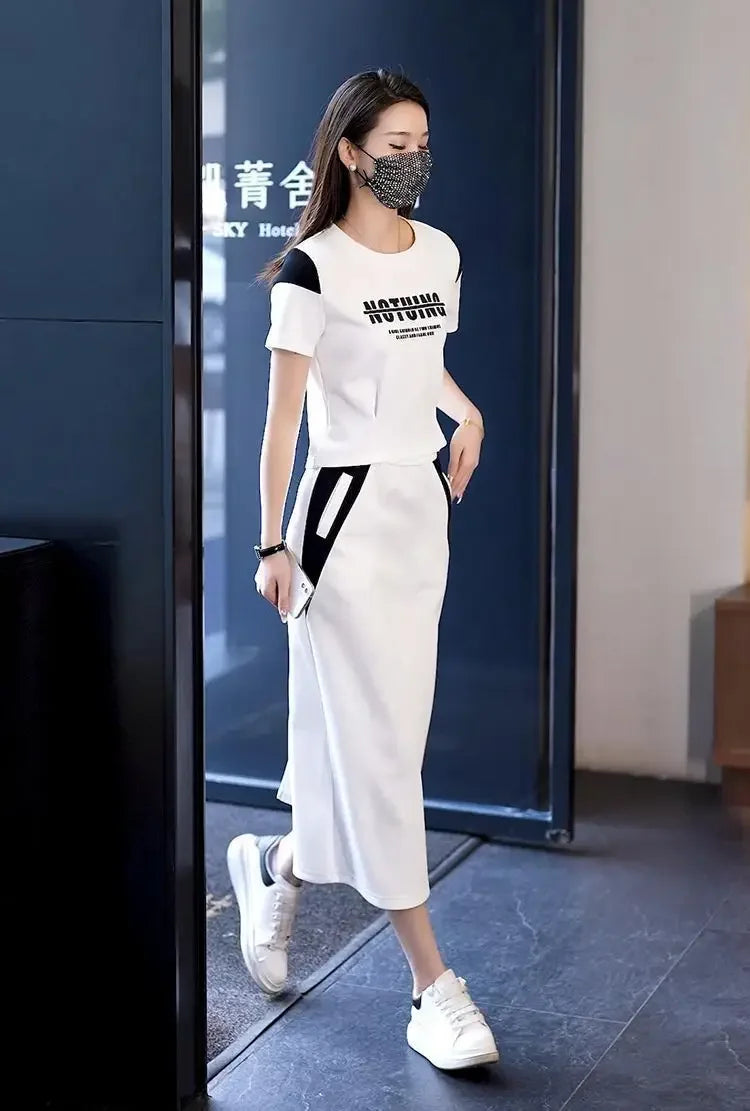 Women's Two Piece Set Short Sleeve Lightly Cooked Slit Skirt Luxury Designer Clothing Y2k Clothes Top and Bottom Female Outfits