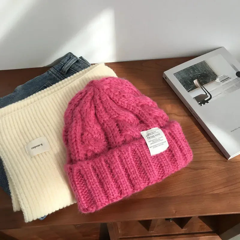 New Hat Women's Coarse Knitted Knitted Wool Hat Autumn and Winter Versatile Big Head Circumference Green Loose Ins Trendy F