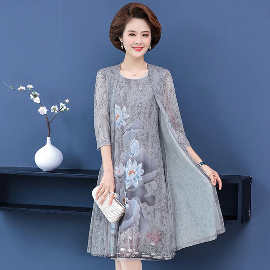 Elegant Dresses Women NEW Summer Casual Retro Temperament printing two Piece Set Dress Mother Dress plus Size