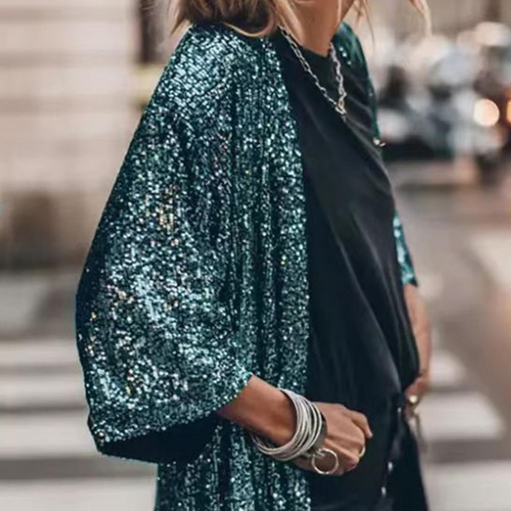 Women Coat Comfy Loose Outerwear Outwear Windproof  Stylish Shining Sequins Cardigan Jacket Top