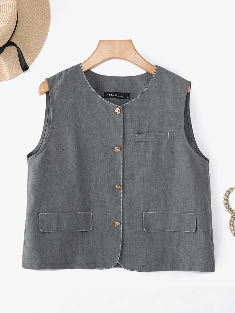 ZANZEA Outerwear 2025 Fashion Women Vests Thin Coats Sleeveless Casual Loose Solid Color Elegant Streetwear Summer Buttons Shirt