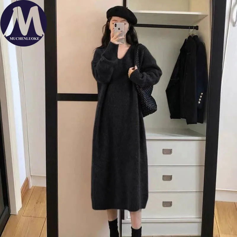 Sweater for Woman Autumn Winter Lazy Style V Neck Knitted Dresses Korean Fashion Casual Loose Thickened Warmth Sweaters Dress