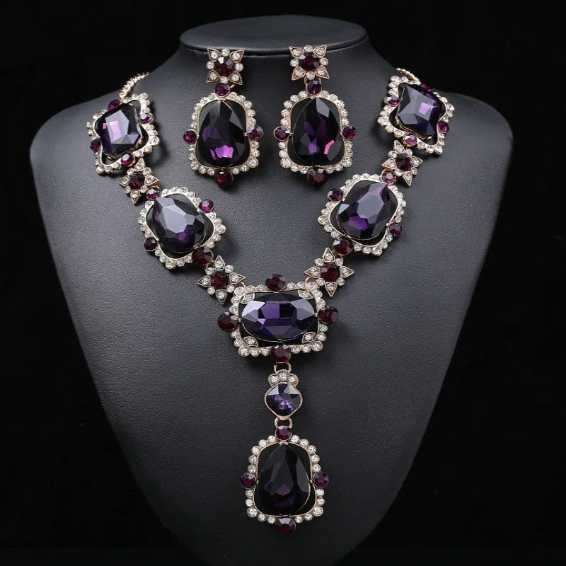 Wedding Jewelry Set Wholesale Big Beautiful Crystal Drop Earrings and Emerald Green Rhinestone Statement Necklace for Women