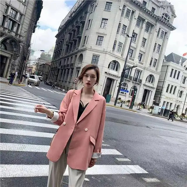 Long Blazers Woman Spring Casual Office Lady Lapel Double-breasted Slim-fit Elegant Solid Color Fashion Outerwear Minimalist