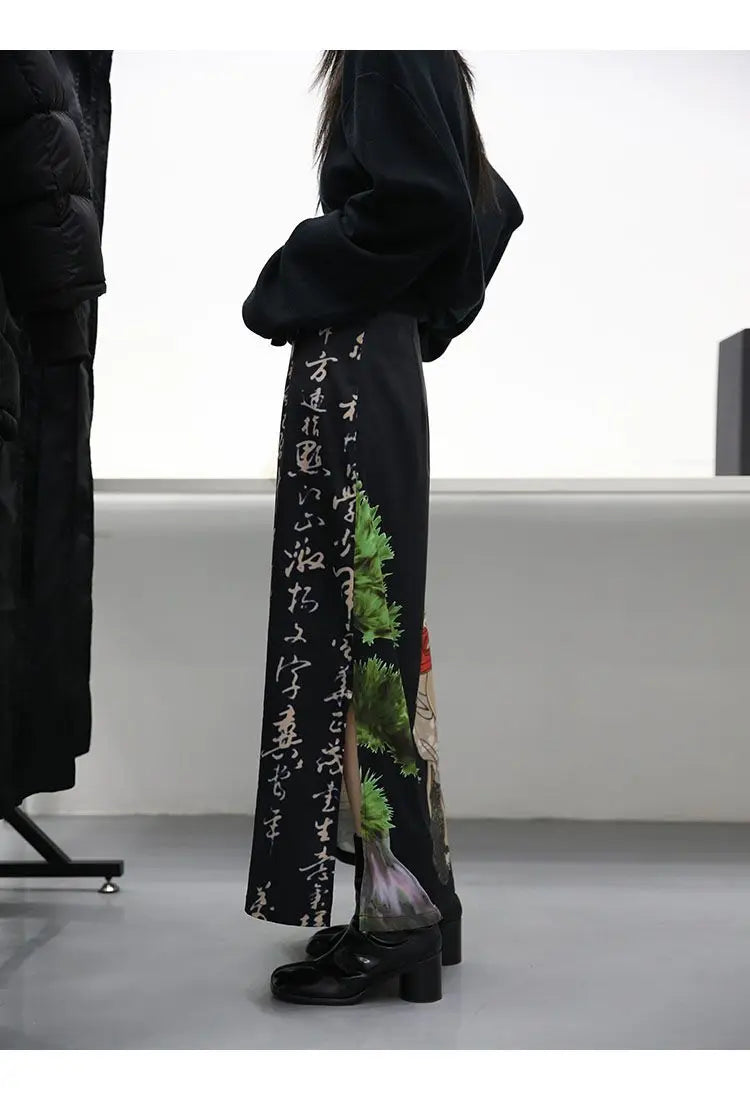 Skirts Women Cool Design Side-Slit Retro Leisure Simple Chinese Style Print All-match Comfortable High Waist Fashion Streetwear