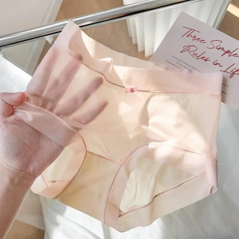 3PCS Women Seamless Panties Ice Silk Transparent Breathable Antibacterial Panty Mid-waist Briefs Cotton Underwear