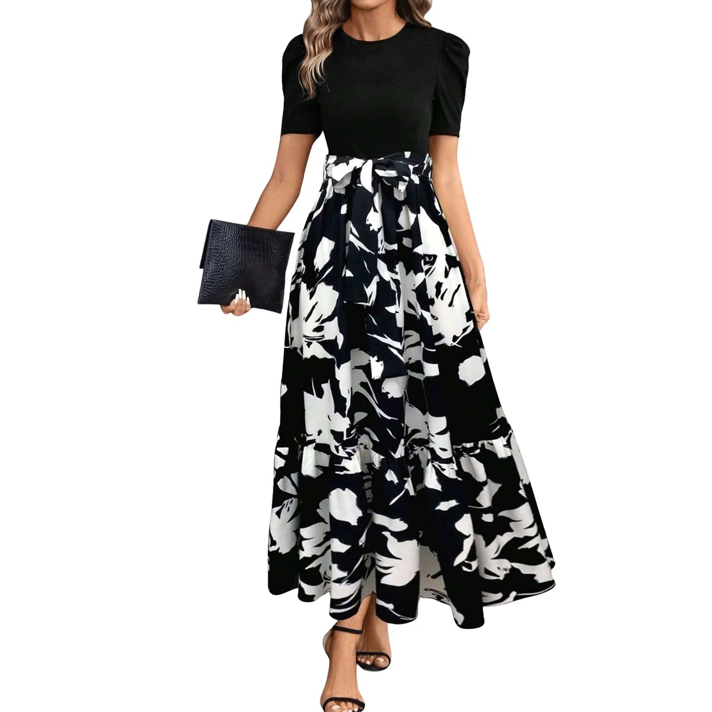 Elegant Women'S Dresses Floral Print High Waist Long Dresses Y2k Short Sleeved Round Neck Office Clothing Vestidos Para Mujer