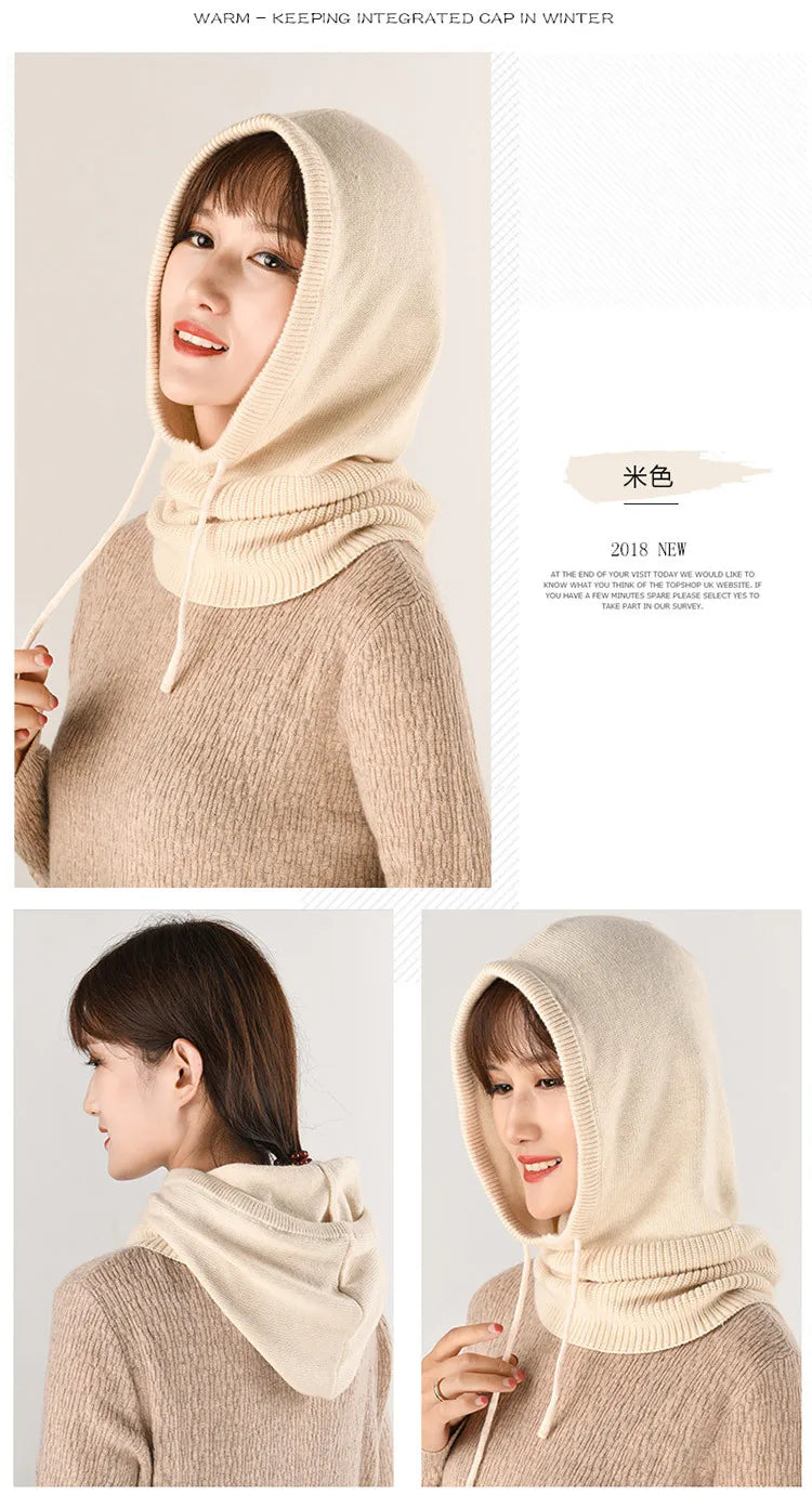 Winter Hats for Women, Wool Blend Hooded Scarf Hat for Girls Balaclava Knit Skull Cap Beanie Hat Neck Gaiters