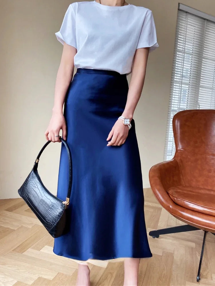 Elegant Skirts for Women Satin High Waisted 2025 New Slim Fit Long Skirt Fashion Temperament Simple Versatile Grey Black Skirts