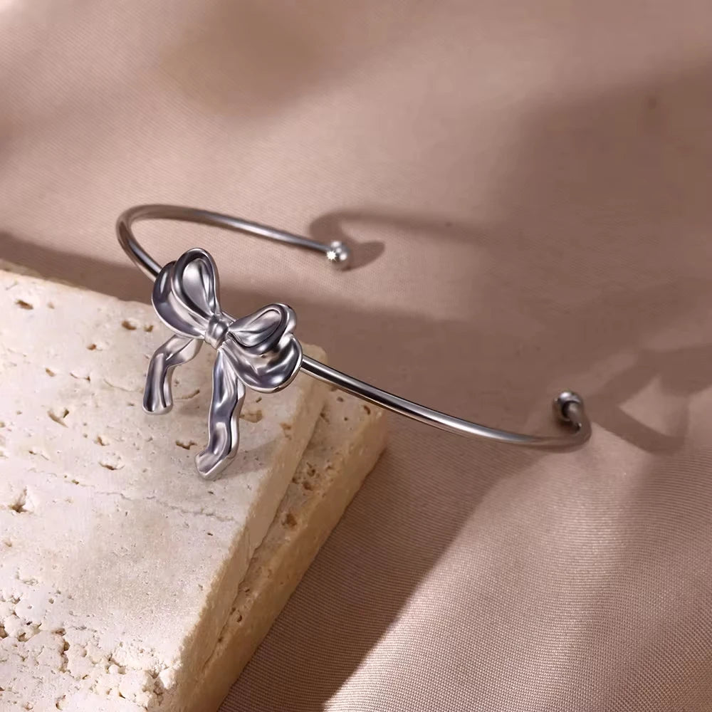 Bow Knot Bangles Bracelet For Women Stainless Steel Bangle Classic Simple Open Adjustable Wrist Jewelry Accessories pulseras BFF
