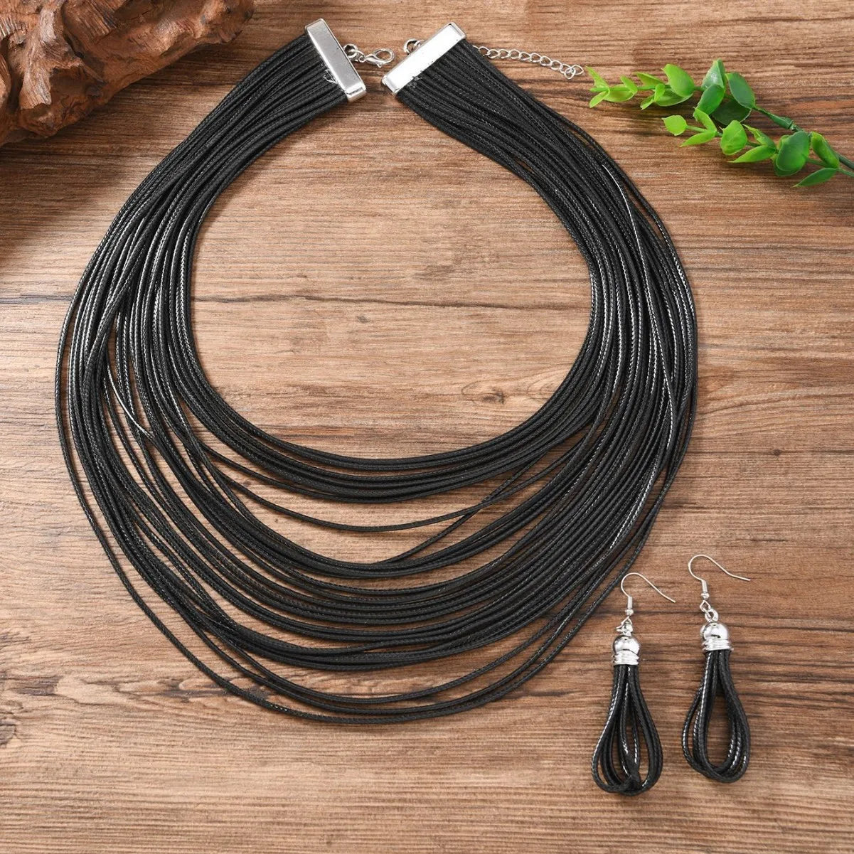 Jewelry Sets for Women, Multi-layer Wax Thread Hand-woven Necklace, Fashion and Personality Choker + Dangle Earrings