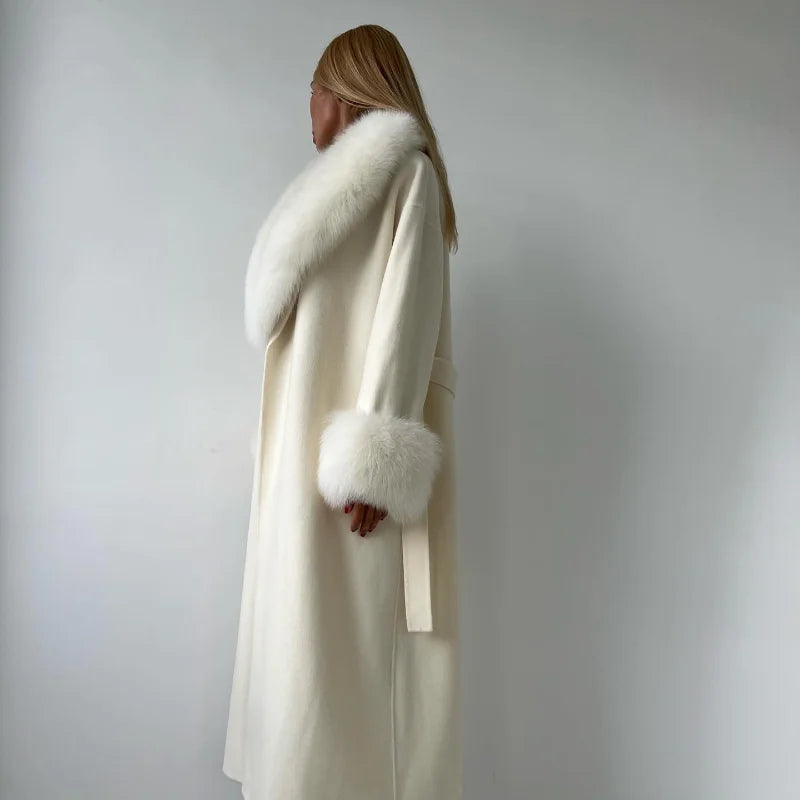 Winter Jacket Women Long Natural Wool Blends Cashmere Faux Fur Coat Lace Up Belt Warm Wool Oveercoat New Streetwear 2025