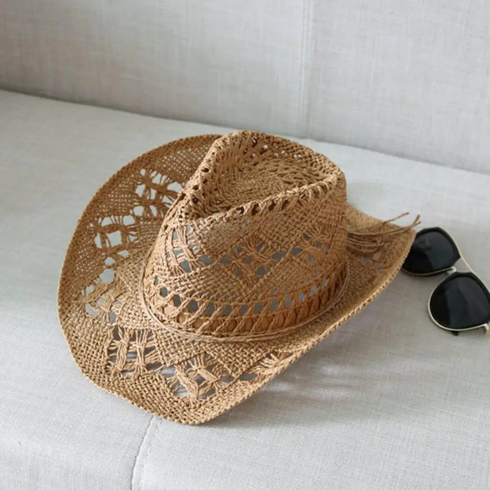 Straw Western Cowboy Hat for Women Men Classic Vintage Hollow Out Unisex Curled Wide Brim Sun Hat Fishing Hat Climbing Cap