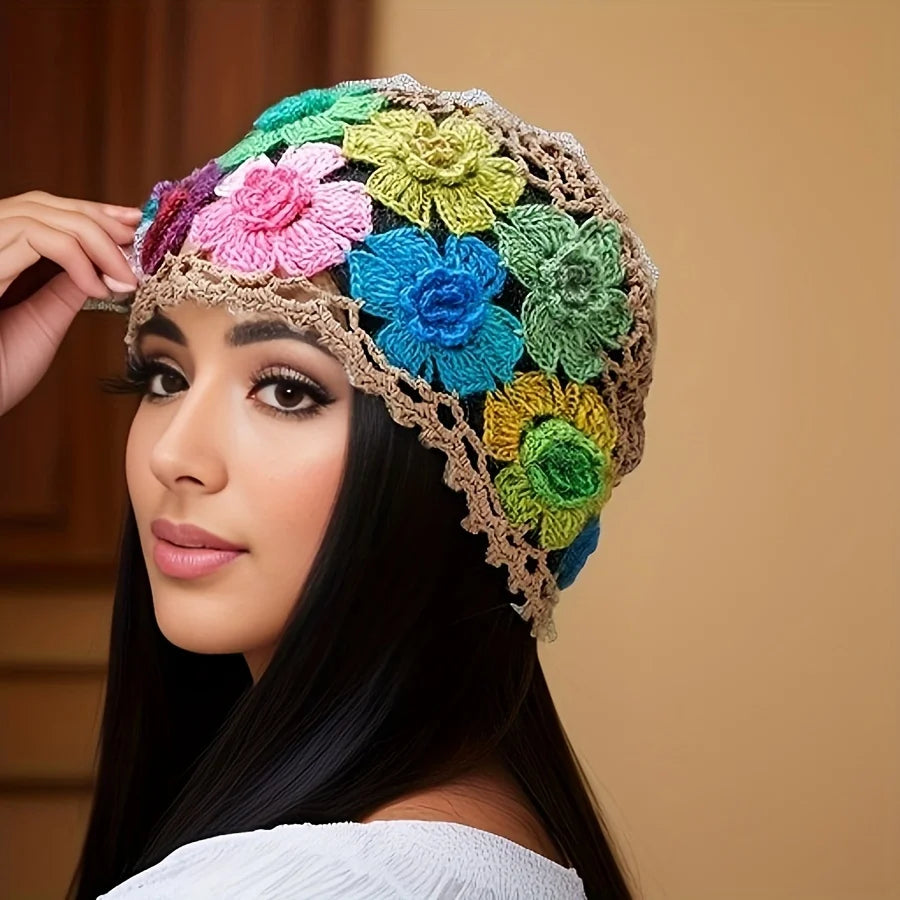 Women's Bohemian Floral Hat - Lightweight Elastic Stretch Fit, Handmade Crochet Design with Multicolor Flowers Breathable Summer