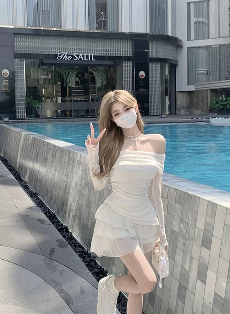 Skirts Sets Women Summer Slim Solid Irregular Skew Collar Ladies Long Sleeve T Shirt Fashion Chic Sweet Ruffles Ball Gown New