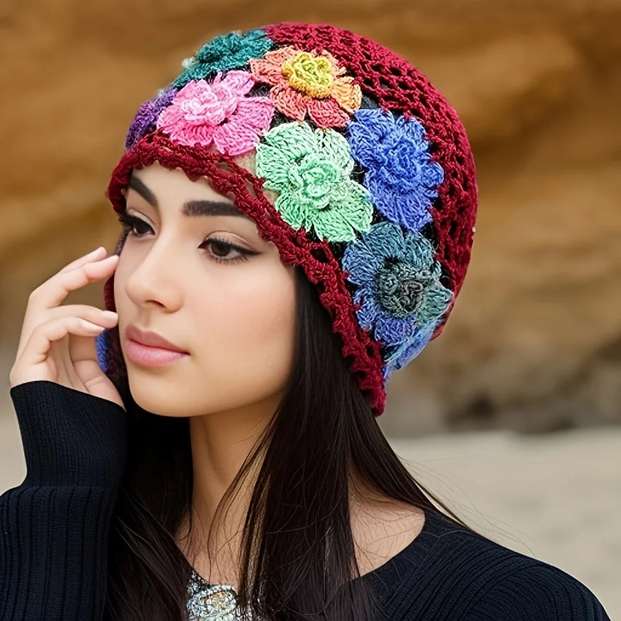 Women's Bohemian Floral Hat - Lightweight Elastic Stretch Fit, Handmade Crochet Design with Multicolor Flowers Breathable Summer