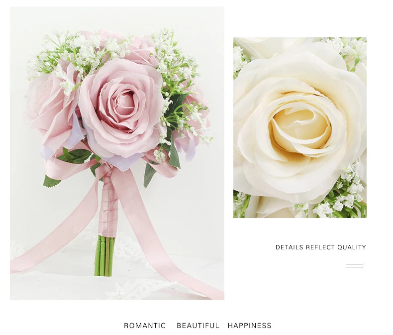 Bridal Bridesmaids Bouquets with Bowknot Ivory Roses Silk Flowers Bouquet for Valentine's Day Marriage Wedding Bride Photography