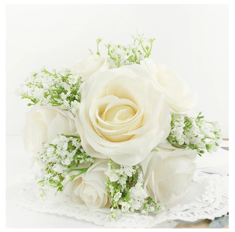 Bridal Bridesmaids Bouquets with Bowknot Ivory Roses Silk Flowers Bouquet for Valentine's Day Marriage Wedding Bride Photography