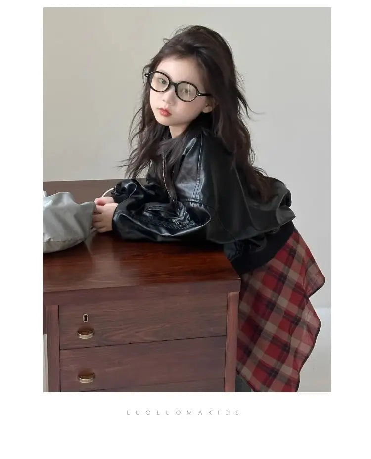 Girls' outerwear Spring and Autumn 2025 New Fashionable Outerwear Short Leather Jacket Autumn Clothing for Children