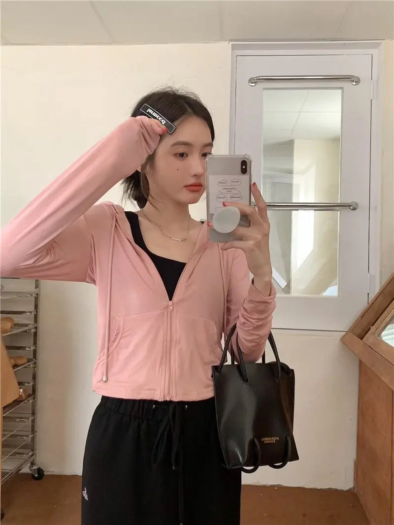 Hooded Jackets Women Thin Sunscreen Solid Fashion Summer Long Sleeve Cropped Coats All-match College Breathable Sporty Popular