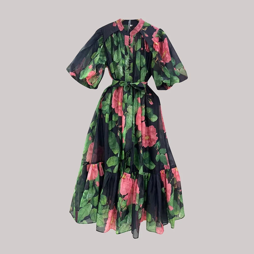 TWOTWINSTYLE Hit Color Spliced Printing Midi Dresses for Women Round Neck Short Sleeves Patchwork Lace Up Elegant Dress Female