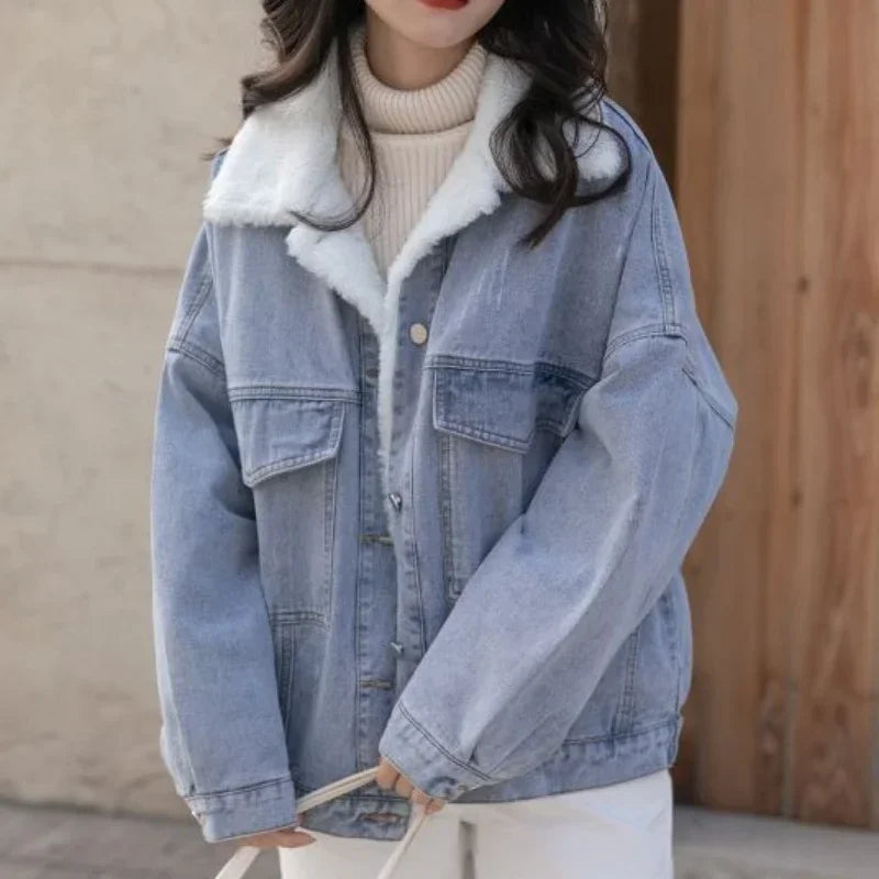 Outerwear Wool Inside Plain Warm Blue Denim Jacket for Women with Fur Plush Woman Jean Coat Winter 2025 Cold Padded Korean Outer