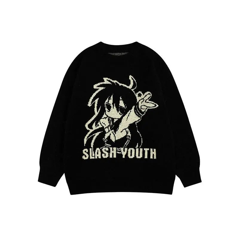 Sweater Women Japanese Cartoon Printed Pullover Knitwear Winter Chic Kawaii Sweaters O-neck Loose Cute Jumpers Tops Y2k Clothing