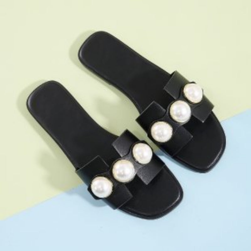 Slippers Women 2025 New Flat Slippers Party Shoes Fashion Pearl Sandals Slippers Roman Women Flip-Flops Casual Beach Shoes Trend