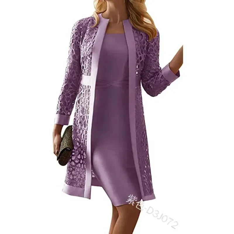 2025 Women's Dress Suit Sets Elegant Two Piece Set Outfits Solid Lace Cardigan Long Sleeve Office Party Knee-length Dress Set