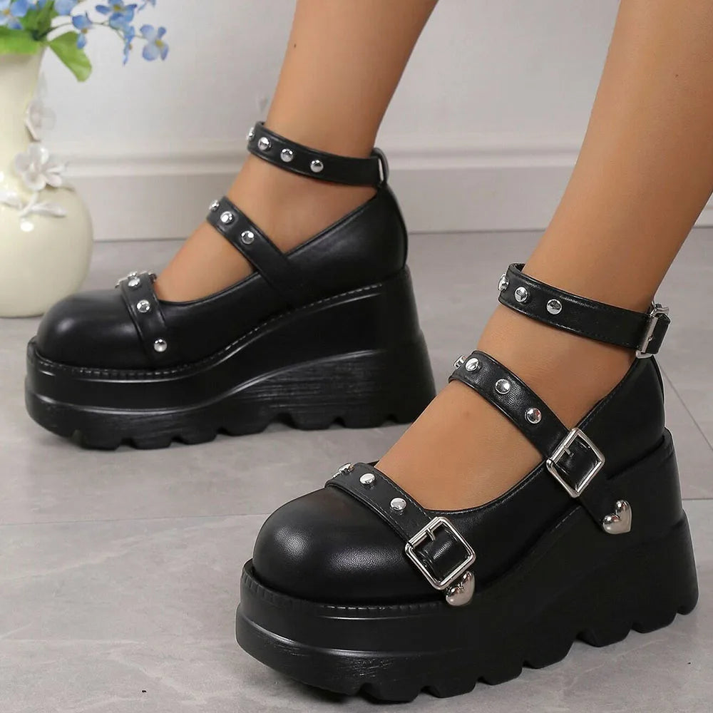 DoraTasia Retro INS Black Round Toe Heel Studded Punk Nightclub Ladies Mary Jane Y2 Lace Buckle Lolita Women's Shoes
