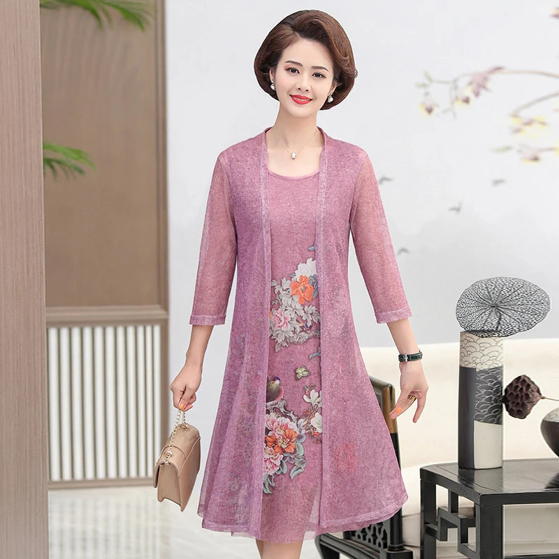 Elegant Dresses Women NEW Summer Casual Retro Temperament printing two Piece Set Dress Mother Dress plus Size