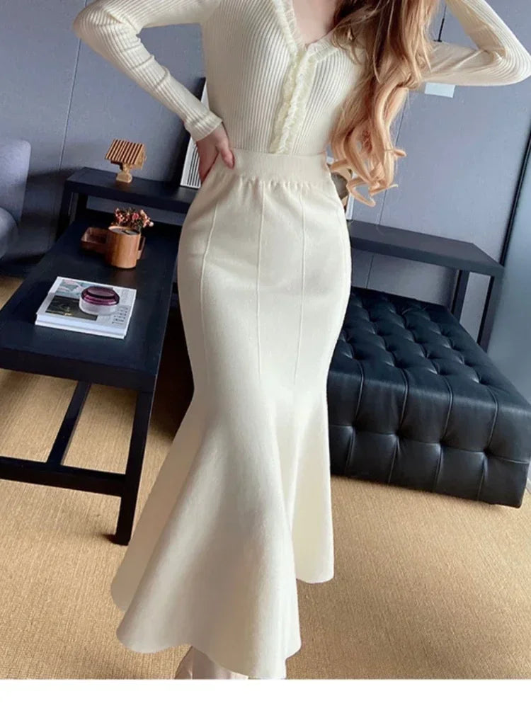 Women's Skirts 2025 Autumn Winter Fashion Knitted Long Skirts for Women Green Vintage Slim Office Lady A-LINE Fishtail Skirt