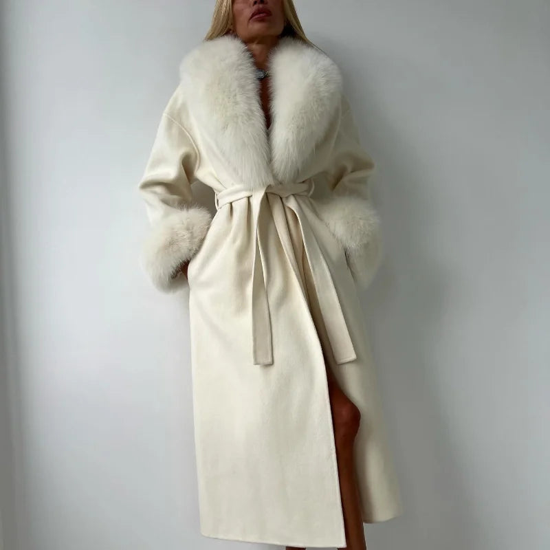 Winter Jacket Women Long Natural Wool Blends Cashmere Faux Fur Coat Lace Up Belt Warm Wool Oveercoat New Streetwear 2025