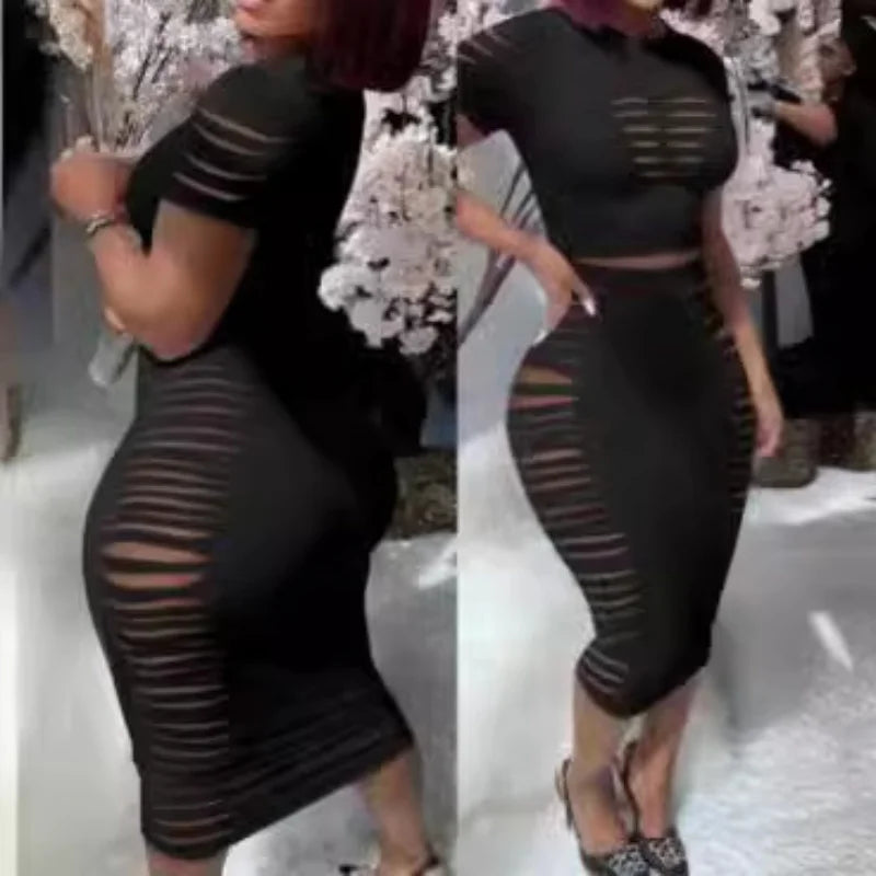 Womens Two Piece Sets Elegant Sexy Outfit Short Sleeve Top & High Waist Skirt Set New Fashion Summer Casual Female Suit
