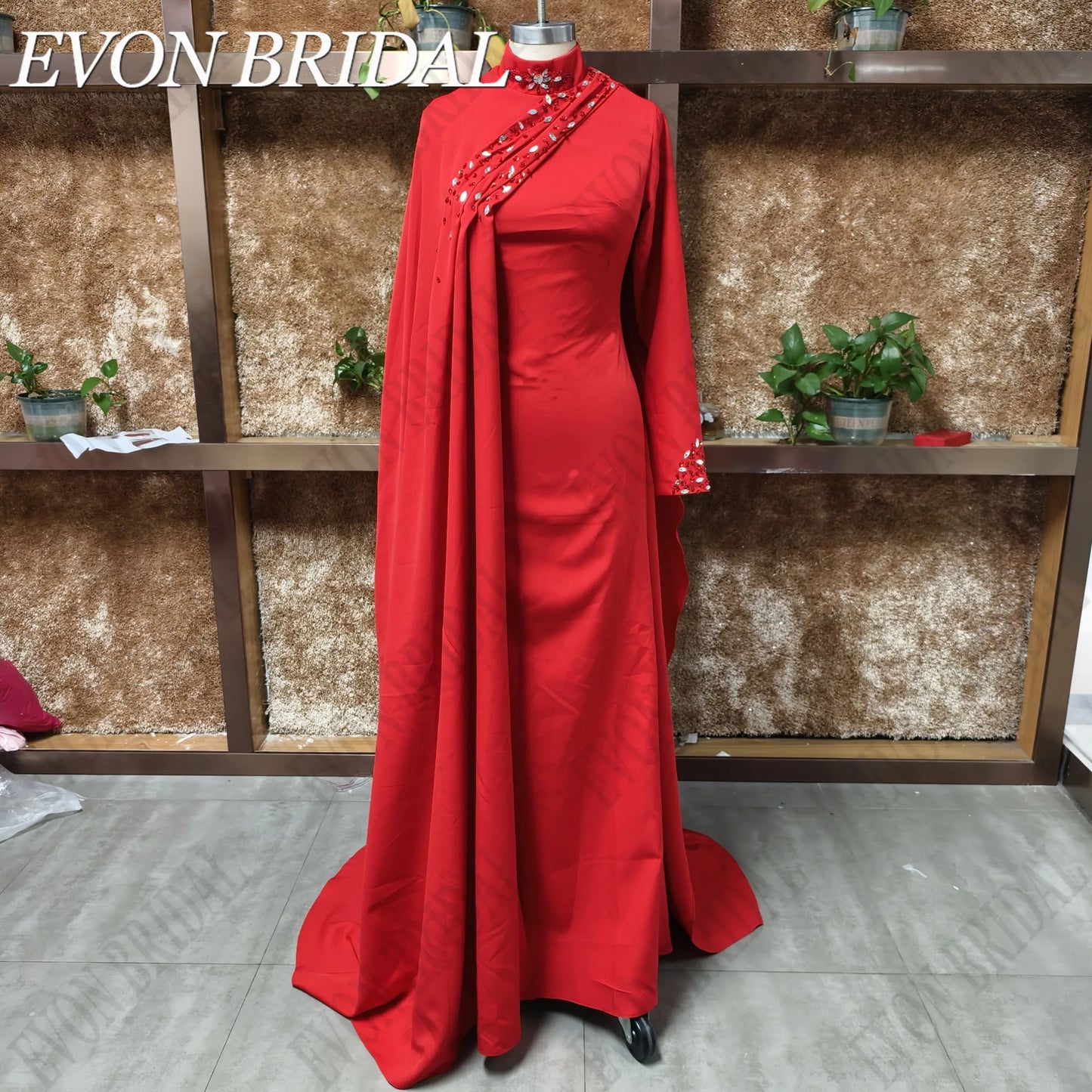 EVON BRIDAL High Neck Long Sleeves Formal Evening Gown Beading Satin Celebrity Red Carpet Dresses Mermaid فساتين سهرة Customized