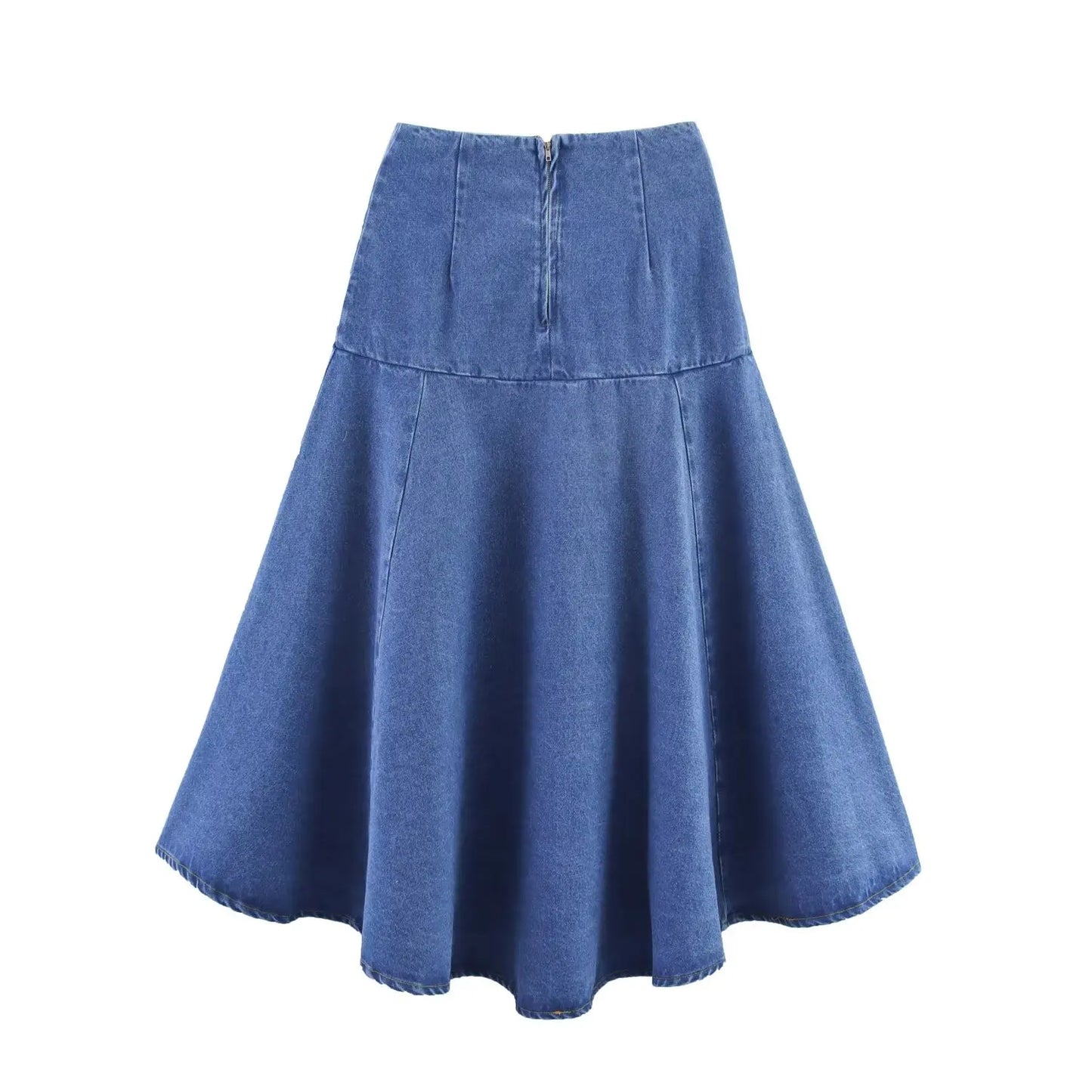 HH Women Casual Suits Bow Decoration Single-breasted Shirt+Zipper Pleated Elastic Waist Midi Skirt Denim Solid Skirt Sets