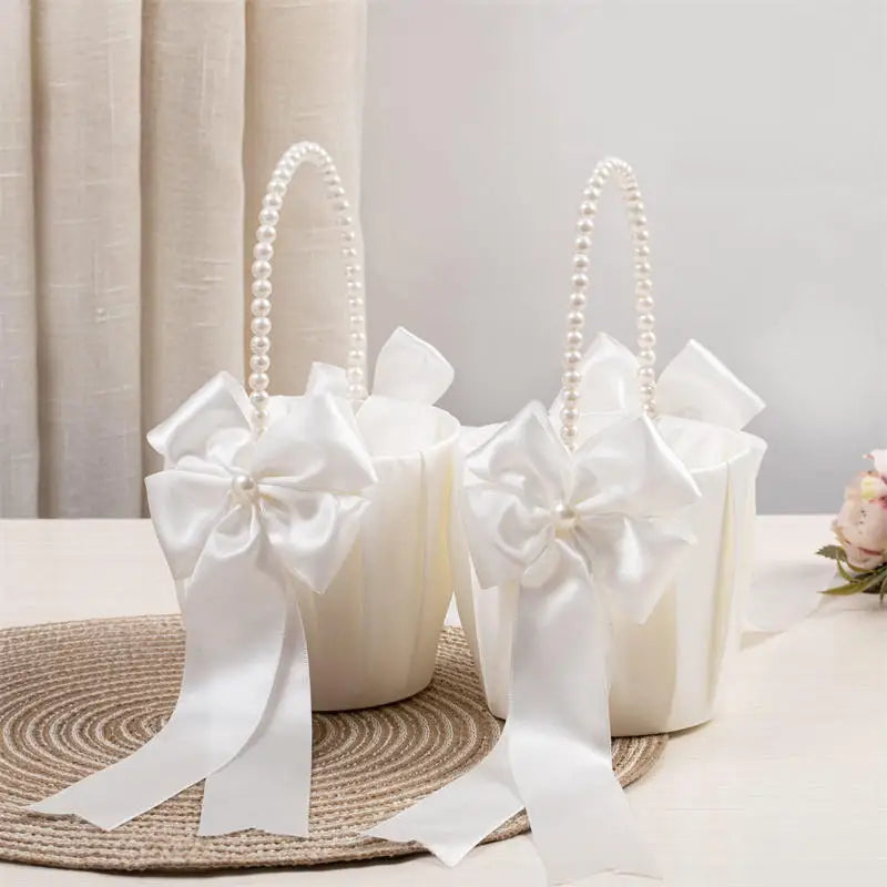 White Girls Flower Basket Silk Wedding Basket Flower Bride Girls Kids Hand Held Wedding Party Wedding  Bridal Flower Basket