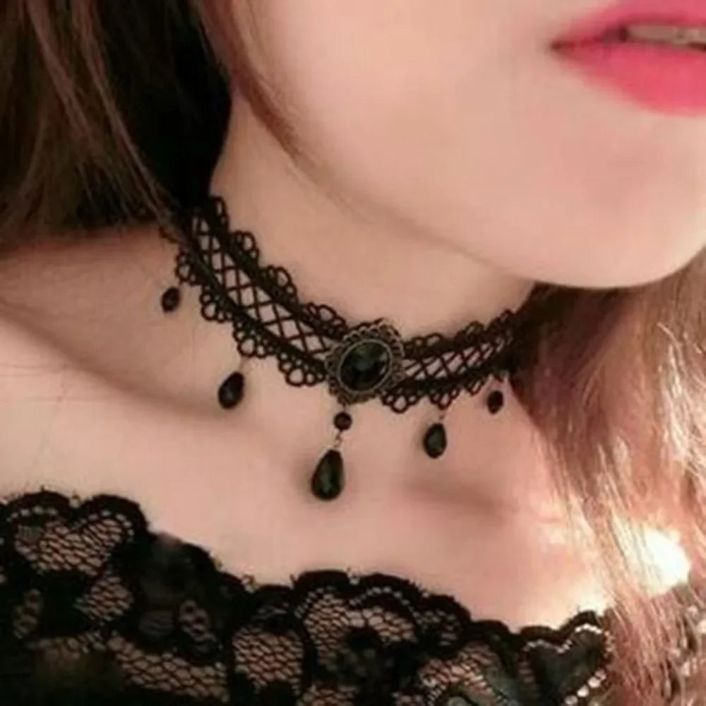 Sexy Black Lace Necklace Vintage Gothic Necklace Steampunk Style Beads Pendant Exquisite Women Choker Fashion Jewelry