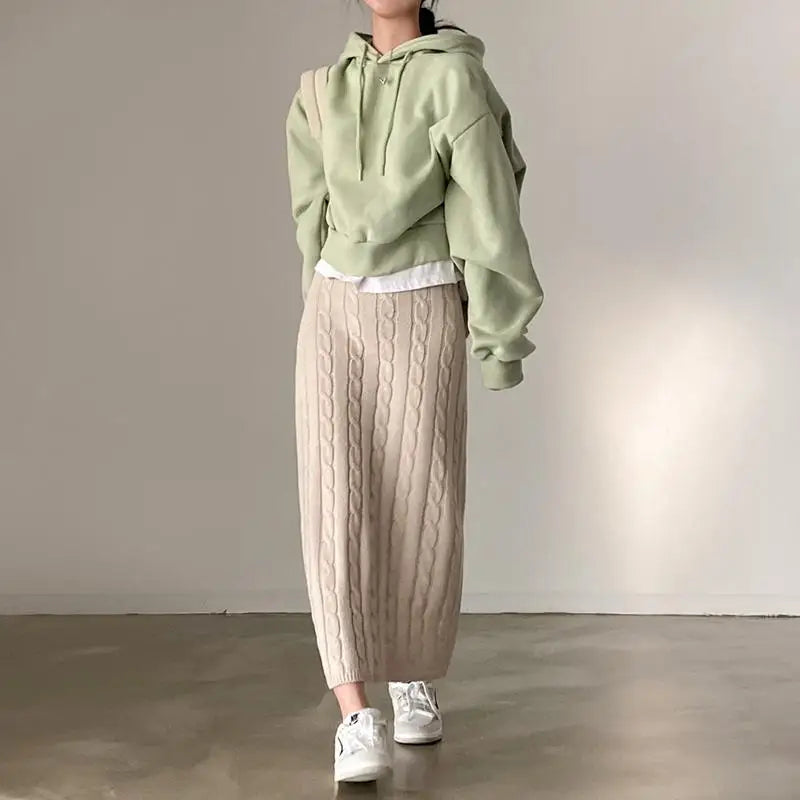 Solid Knitted Skirts For Women 2023 Fashion Autumn Winter Slim Long Skirt Vintage Casual Elastic High Waisted Straight Skirt New