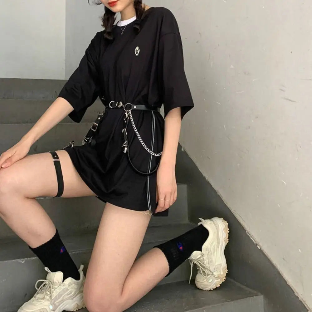 Women Skirt Belt Female Pu Leather Hip Hop Rock Nightclub Sexy Jeans Dress Heart Punk Belt with Metal Waist Chain