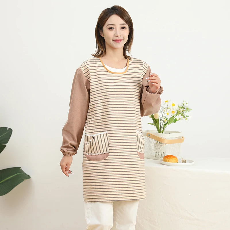 Fashionable Striped Apron For Home Kitchen Cooking Long Sleeved Women's Cute Anti Stain Work Dining Work Clothes Smock