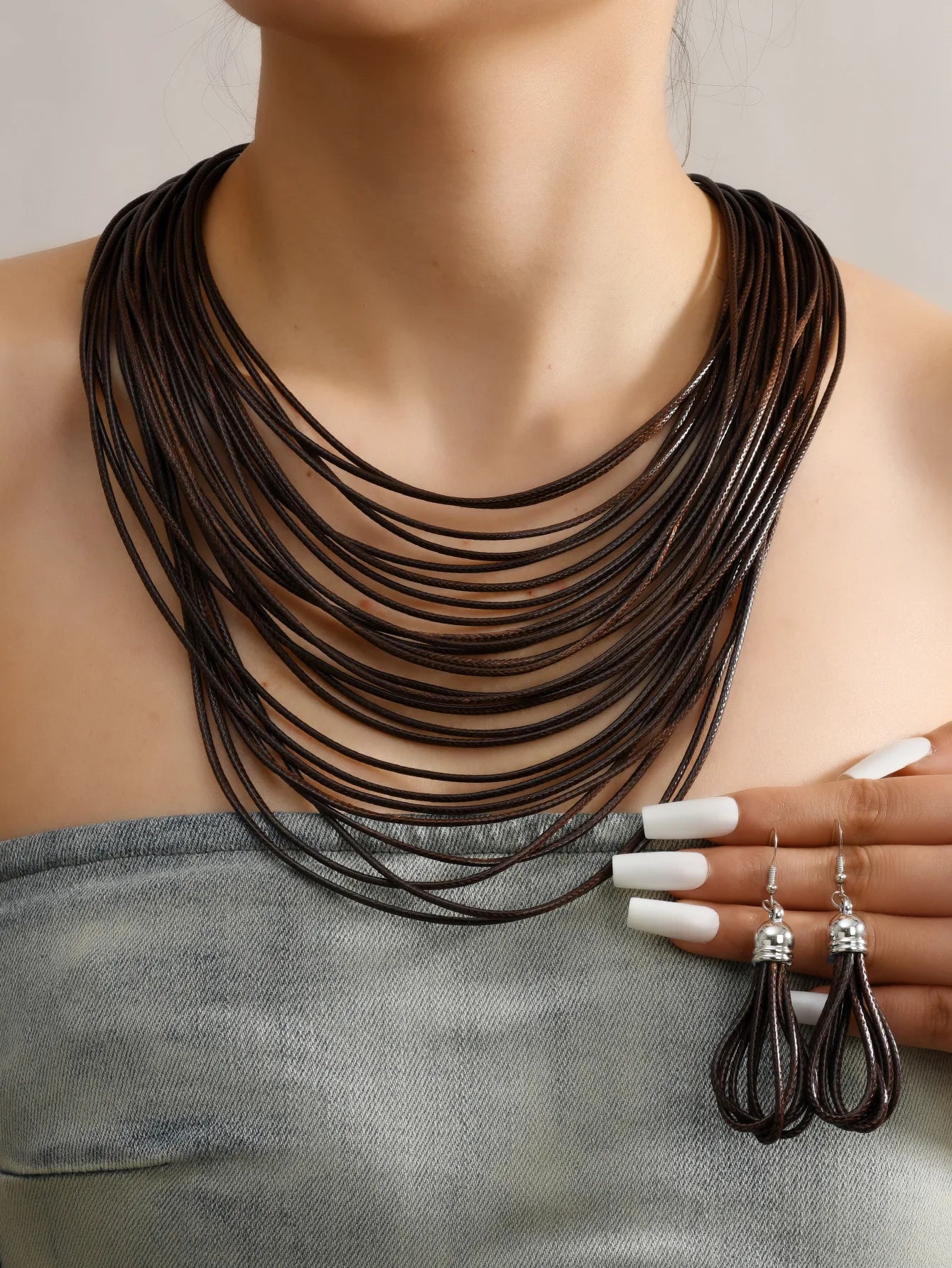 Jewelry Sets for Women, Multi-layer Wax Thread Hand-woven Necklace, Fashion and Personality Choker + Dangle Earrings