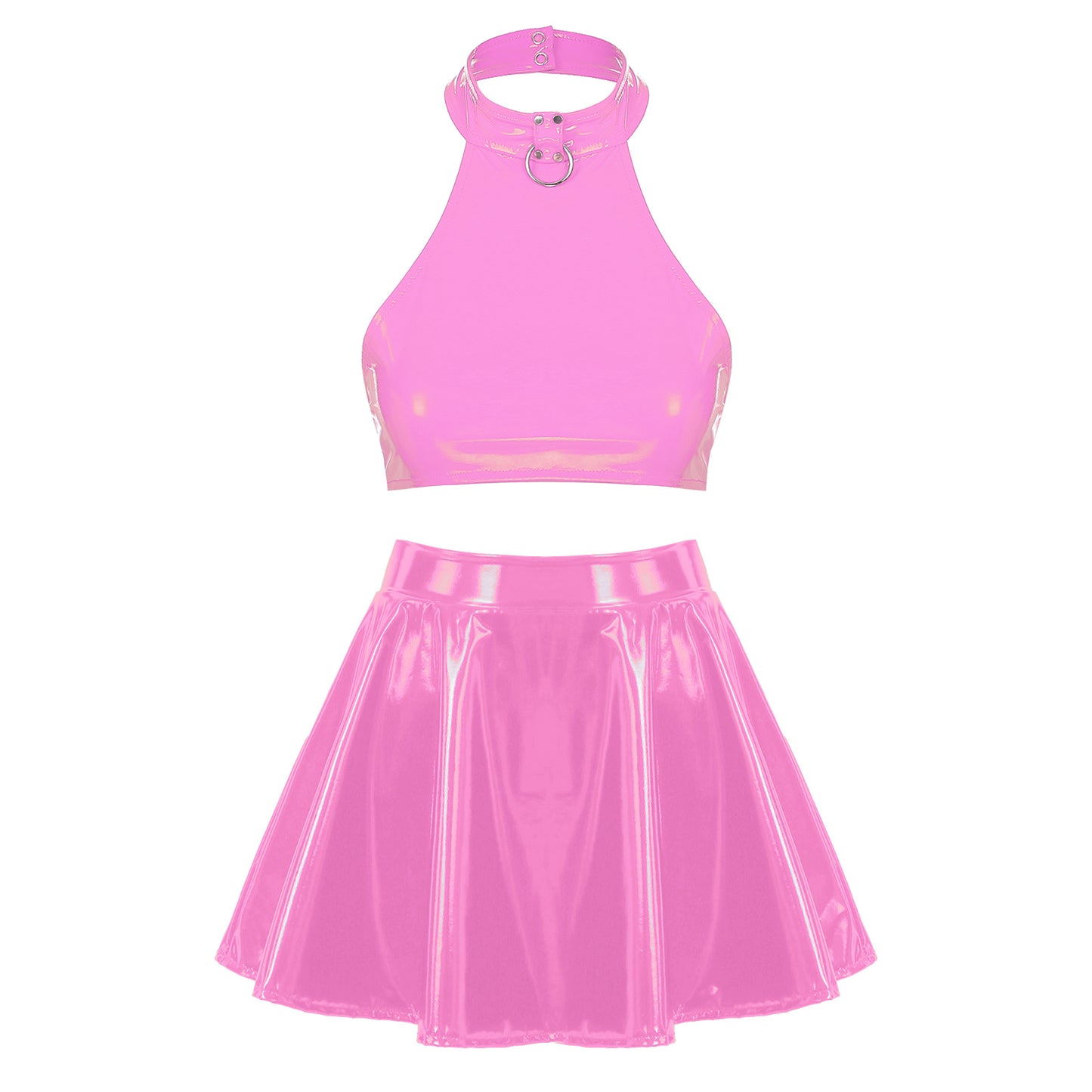 Womens Two Pieces Rave Party Outfits O Ring Halter Vest Tops Backless Patent Leather Crop Top with Invisible Zipper Flared Skirt