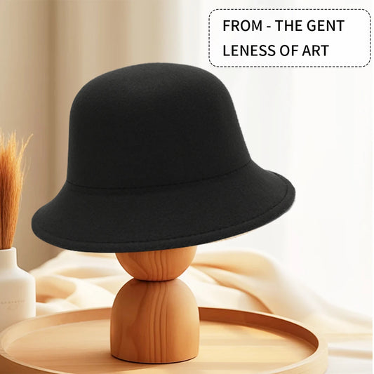 Women's Hat for Spring, Autumn, and Winter Korean Style British Fashion Versatile Jazz Woolen Bucket Hat Fisherman Hat Wide-Brimmed Hat for Parties, Outings, Shopping, Work, and Students
