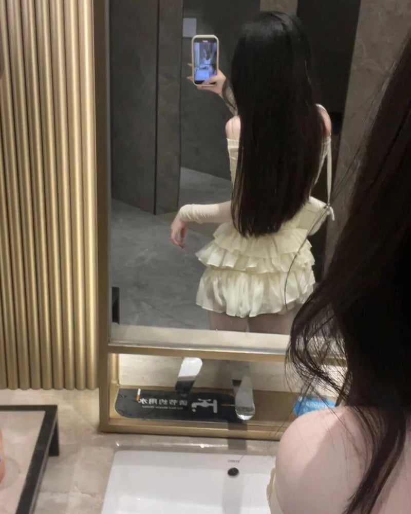 Skirts Sets Women Summer Slim Solid Irregular Skew Collar Ladies Long Sleeve T Shirt Fashion Chic Sweet Ruffles Ball Gown New