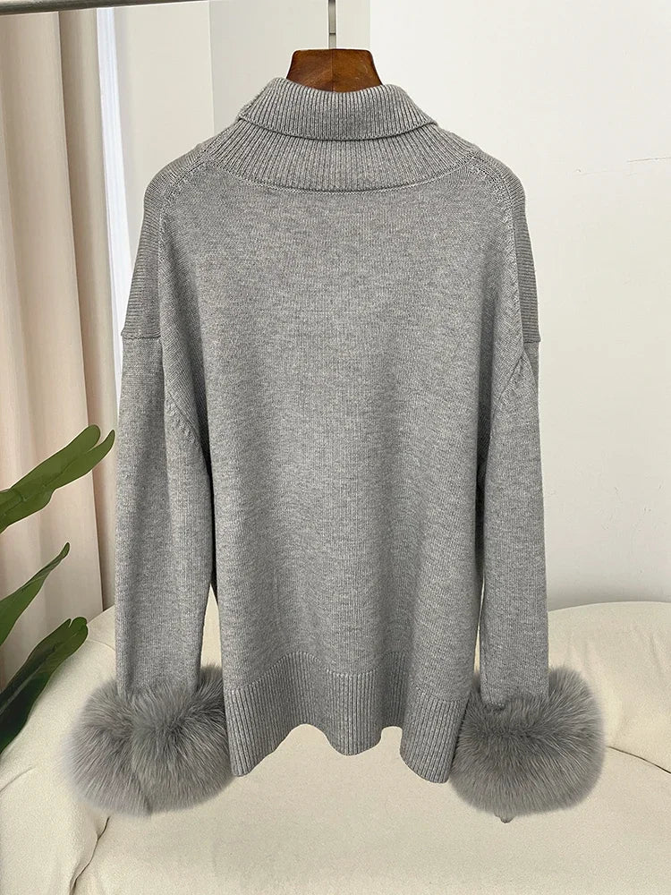Sweater Women 2024 Autumn Winter Fashionable Sweaters with Real Fox Fur Sleeves Slim Fit Sweaters Fur Knitwear England Style
